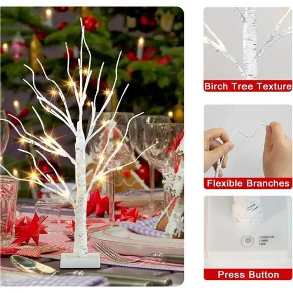 Set of 4 Birch Tree 2Ft Tabletop Christmas Tree with Lights 24 Warm White LED